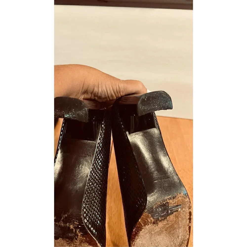 Stuart Weitzman Black Leather Snakeskin Embossed Leather Square Toes Block Heels